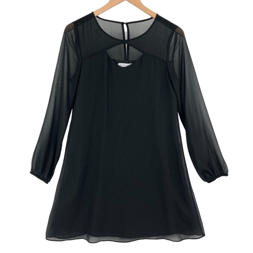 BCBGeneration Mini Dress Womens XS Black Sheer Lined Cutout Long Sleeve Pullover